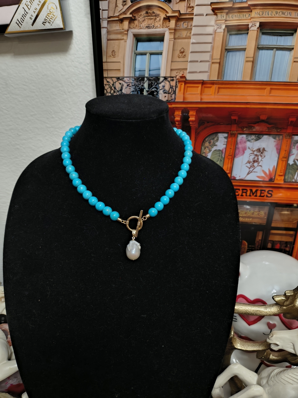 Turquoise Beaded Necklace with Gold Toggle & Freshwater Pearl Drop